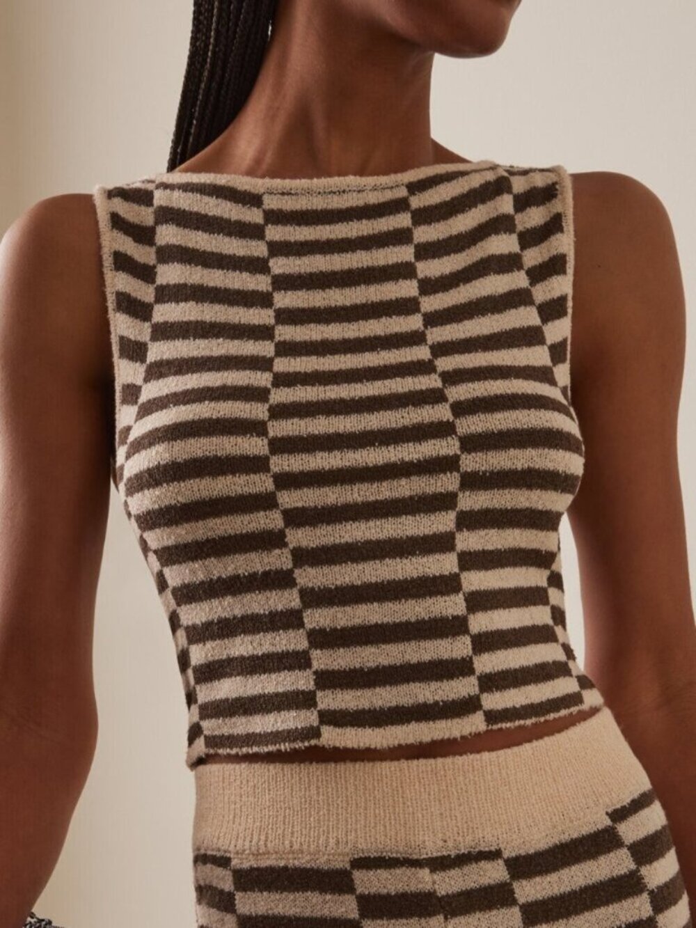 Zulu & Zephyr Textured-Knit Top - Cocoa Grid - Size US 0-2